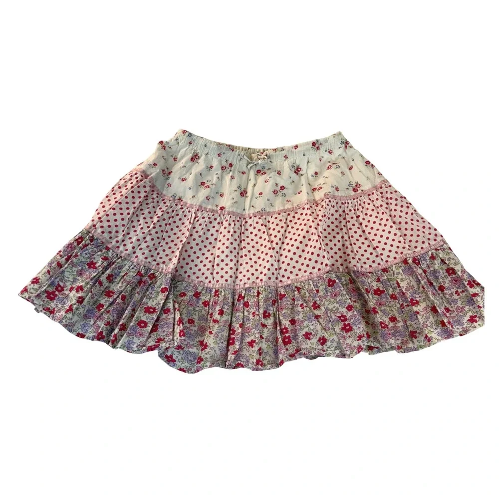 Mini Boden Skirt 3-4Y White Floral Polka Dot Tiered Elastic Waist Peasant Skirt